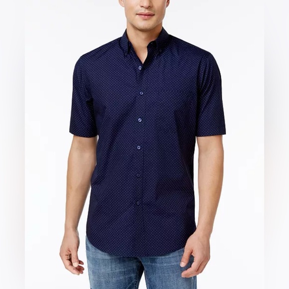 Club Room Men's Micro Dot Print Stretch Cotton Short Sleeve Button Down Shirt - Picture 1 of 8